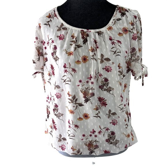 Tamara H. Tops - Tamara‎ H Floral Butterfly Boho Fairy Swiss Dot Blouson Top White S Tie Sleeve